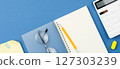 Notepad, pencil, calculator, note sheet, glasses. 127303239