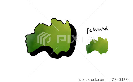 手繪向量插畫的福島縣地圖，以綠色水彩繪製 127303274