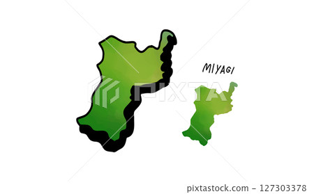 Hand-drawn vector illustration of a map of Miyagi prefecture painted in green watercolor 127303378