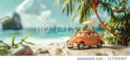 Vintage Orange Volkswagen Beetle on Tropical Beach with Surfboard and Umbrella Vintage Orange Volkswagen Beetle on Tropical Beach with Surfboard and Umbrella 127303487
