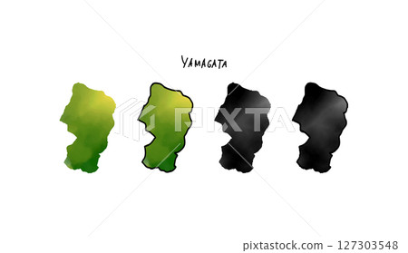 Hand-drawn vector illustration of a map of Yamagata prefecture painted in watercolor 127303548