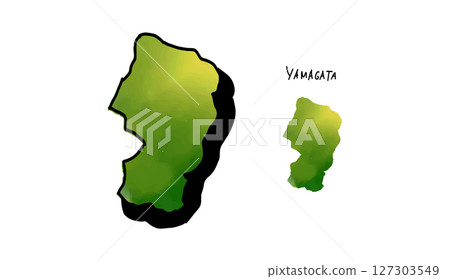 山形縣手繪地圖的向量插圖，以綠色水彩繪製 127303549