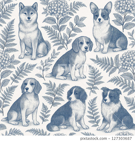 Delicate line art depicting Shiba Inu, Beagle and flowers 127303687