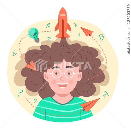 Active Kid Boy with Afro Hair Thinking Creative Idea with Rocket, Paper Plane and Thinking Bulb for Contemplation and Education Concept Illustration 127303779