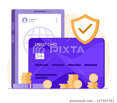 Credit Card, Stack of Coin Money and Smartphone with Online Safety Shield Symbol for Fintech Protection, Online Card Payment Concept Illustration Credit Card, Stack of Coin Money and Smartphone with Online Safety Shield Symbol for Fintech Protection, Online Card Payment Concept Illustration 127303781