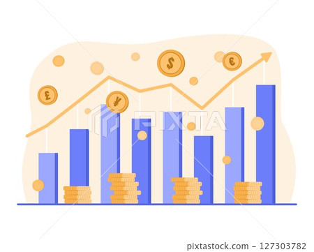 Growing Financial Bar Chart with Foreign Currency Coin Money for Financial, Banking and Economic Investment Concept Illustration Growing Financial Bar Chart with Foreign Currency Coin Money for Financial, Banking and Economic Investment Concept Illustration 127303782