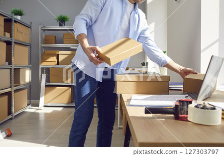 Businessman Managing Inventory At Online Store Warehouse 127303797