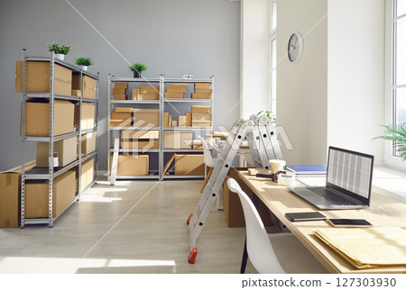 Empty Postal Office Warehouse With Shelves Filled With Boxes And Parcels 127303930
