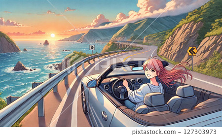 日落時分，一位女士駕駛敞篷車行駛在風景優美的高速公路上 127303973