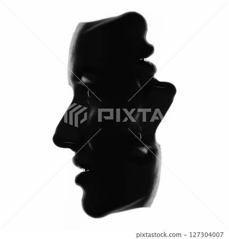 Collage of part beautiful woman face silhouette covered in shadow and isolated on white illuminated background 127304007
