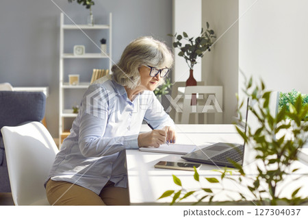Senior confident woman sitting on workplace at the desk working on laptop at home. 127304037