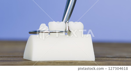 Dental model with metal orthodontic band and tool 127304618