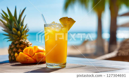Chilled mango pineapple juice in glass with ice and fruit slice on tropical beach background creates perfect summer refreshment. Juice and pineapple repeated for exotic vacation feel 127304691