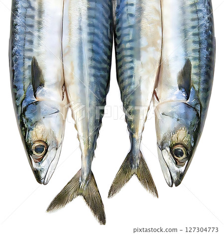 Four Fresh Mackerel Fish Displaying Iridescent Blue and Silver Scales. 127304773