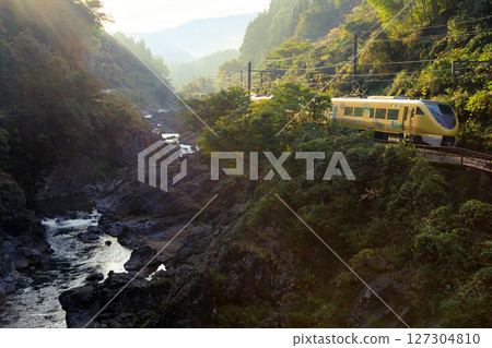 福知山線特快列車在朝陽的映襯下穿梭在川代溪谷中。 127304810