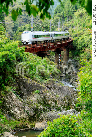 A Fukuchiyama Line express train runs over the No. 1 Sasayama River Bridge over the deep green Kawashiro Valley. 127304816