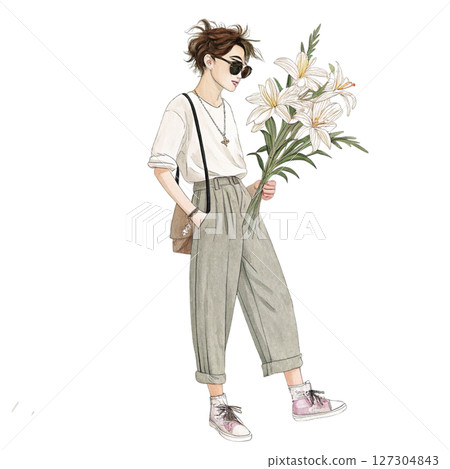 Boys in Fashion Sunglasses Holding Summer Flowers white background 127304843