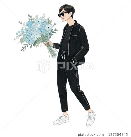 Boys in Fashion Sunglasses Holding Summer Flowers white background 127304845