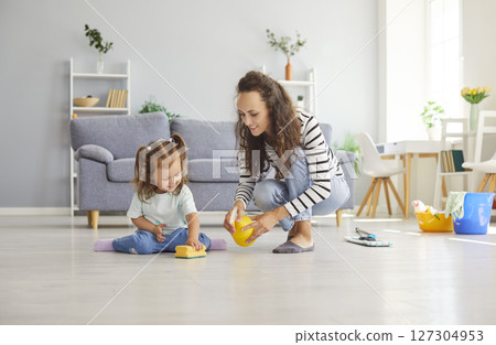 Happy educational pastime, developing creativity skill in kid, mother and her small daughter 127304953