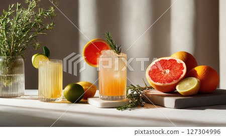 Refreshing citrus cocktails with lime, lemon, grapefruit and rosemary served in tall glasses on a sunlit table 127304996