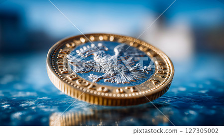 Silver coin captured in macro with detailed engraving of heraldic eagle symbol on reflective surface shows metal texture and embossed edge ideal for finance concept or numismatic design 127305002