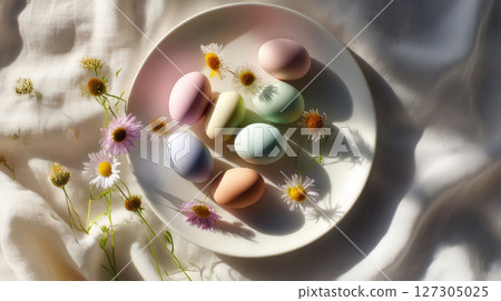 Pastel Easter eggs arranged on a white ceramic plate with chamomile-like daisies on soft fabric Pastel Easter eggs arranged on a white ceramic plate with chamomile-like daisies on soft fabric 127305025