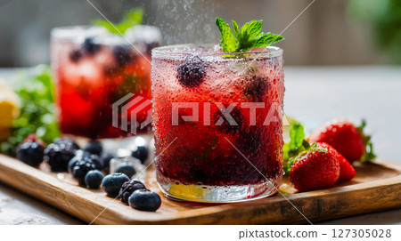 Icy berry mocktail with mint leaves and condensation on glass, strawberries and blueberries visible inside and outside, drink looks vibrant and cold, perfect refreshment, summer cocktail vibe Icy berry mocktail with mint leaves and condensation on glass, strawberries and blueberries visible inside and outside, drink looks vibrant and cold, perfect refreshment, summer cocktail vibe 127305028