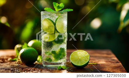 Icy glass of mojito with lime slices and fresh mint leaves stands on wooden surface in sunlight, condensation sparkling on glass, lime repeated for visual freshness, tropical outdoor refreshment 127305030