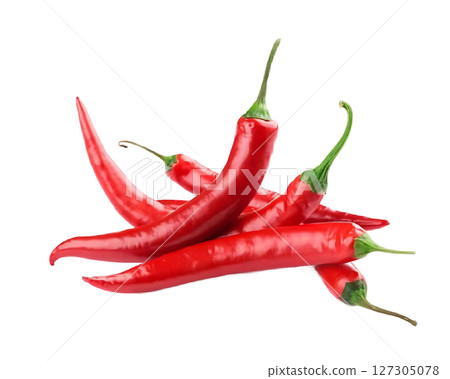 Vibrant Red Chili Peppers with Green Stems Freshly Harvested and Arranged. 127305078