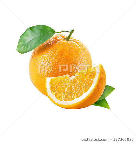 Fresh Orange with Slice and Leaves Vibrant Citrus Fruit Still Life. 127305083