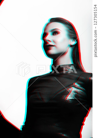 Close-up studio portrait of woman with fancy make-up in RGB color split effect style Close-up studio portrait of woman with fancy make-up in RGB color split effect style 127305154