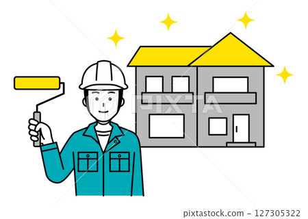 A man working as a painter painting a roof 127305322