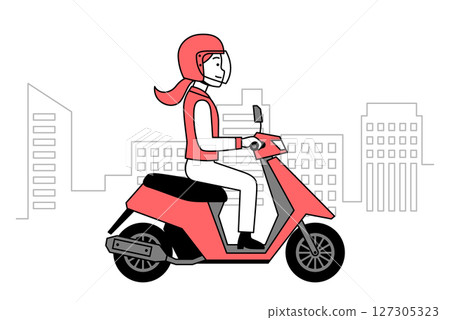 A young woman riding a moped through the city A young woman riding a moped through the city 127305323