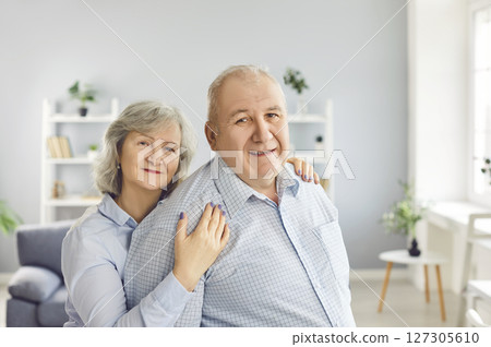 Senior couple portrait, happy retired old man, woman elderly people together at home  127305610