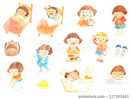 A set of illustrations of a child's daily life habits: waking up, brushing teeth, going to kindergarten, eating, bathing, going to bed 127305681