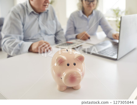 Senior couple sitting at table with piggy bank and calculating finances or taxes at home. 127305844