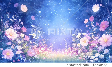 A fantasy flower field enveloped in a starry sky A fantasy flower field enveloped in a starry sky 127305850
