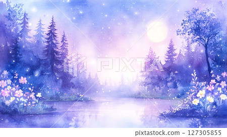滿月照亮的夢幻湖泊與森林 127305855