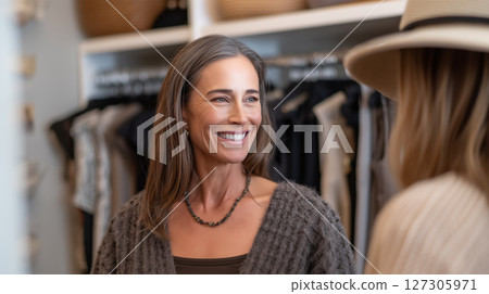 Professional business owner smiling in modern fashion retail environment 127305971