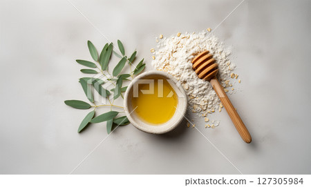 Clean beauty ingredients featuring natural honey and oats composition 127305984