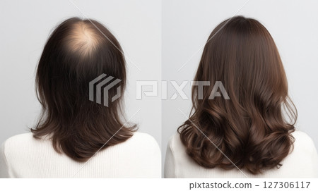 Before and after hair loss treatment for a woman with long hair 127306117
