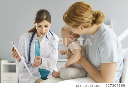 Pediatrician Assists Mother And Baby With Care In Clinic Or Hospital Pediatrician Assists Mother And Baby With Care In Clinic Or Hospital 127306169