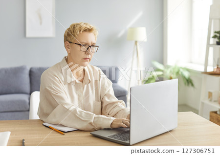 Thoughtful focused senior mature businesswoman working at laptop in office, busy using online app Thoughtful focused senior mature businesswoman working at laptop in office, busy using online app 127306751