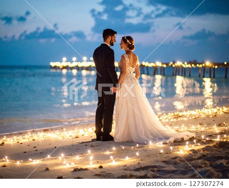 Romantic wedding couple on the beach 127307274