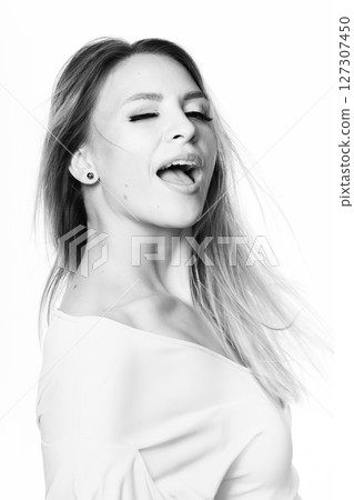 Beautiful young woman with classic make-up black and white studio portrait Beautiful young woman with classic make-up black and white studio portrait 127307450