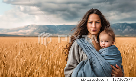 Portrait of mother and child against the backdrop of wheat field, concept of harmony and motherhood through image of Madonna and femininity, free advertising space, idea of emotional trust in brands 127307577