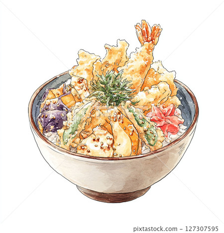 蝦子和蔬菜天婦羅碗的插圖 127307595