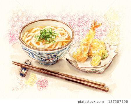 Japanese-style illustration of tempura udon Japanese-style illustration of tempura udon 127307596