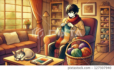 Knitting a scarf with a cat in a warm and cozy room 127307940