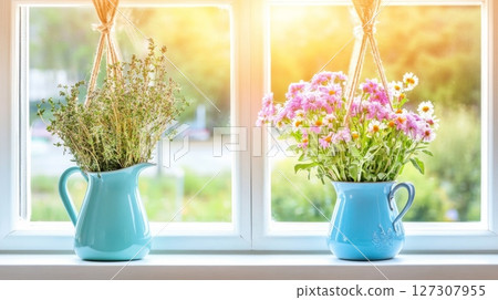 Rustic cottagecore spring wildflowers on windowsill creating cozy farmhouse atmosphere 127307955